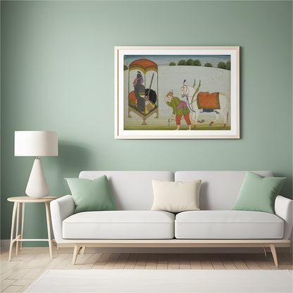 This exquisite painting depicts a regal scene with a noble figure and a caravan led by a horse. The for Hall