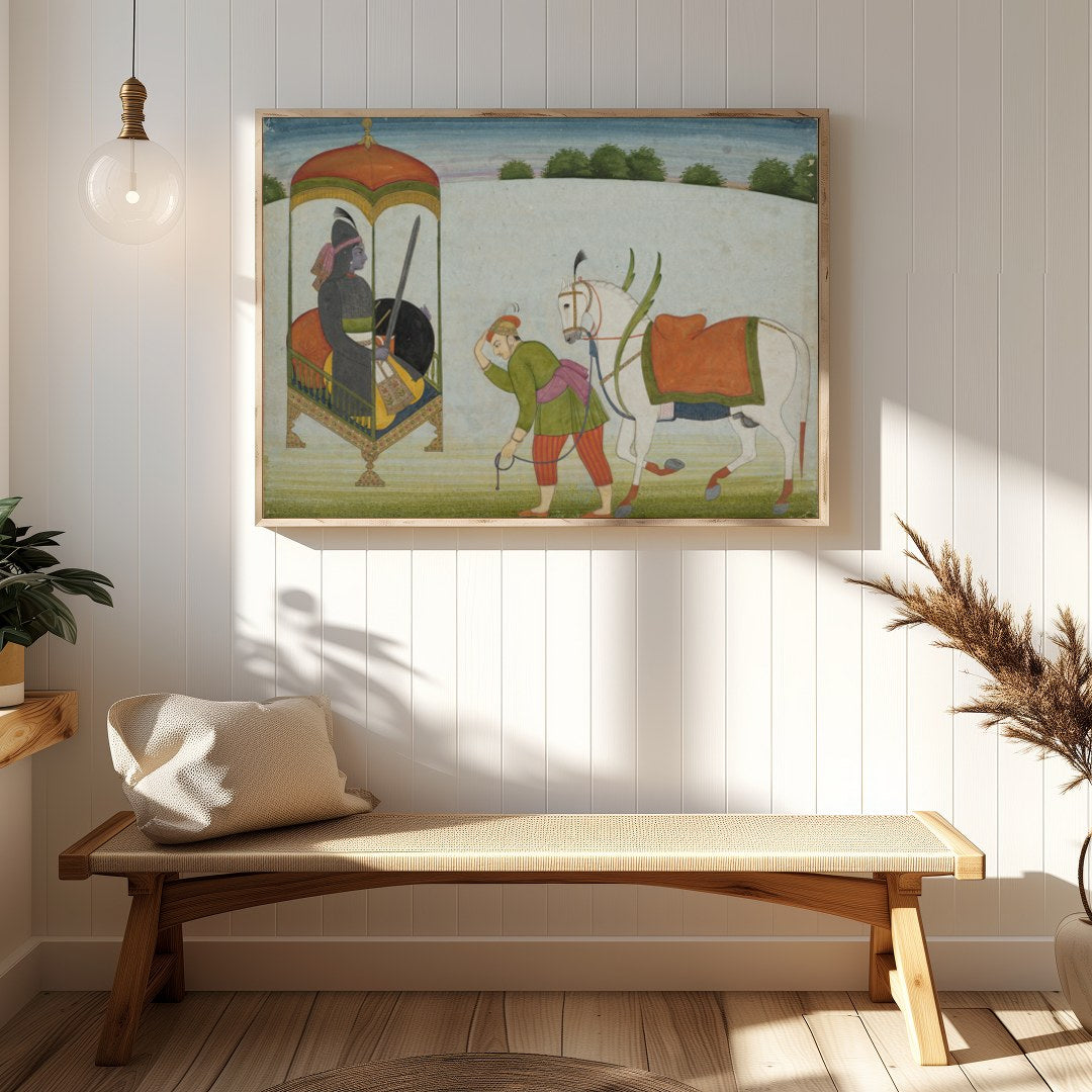 This exquisite painting depicts a regal scene with a noble figure and a caravan led by a horse. The for Hallway