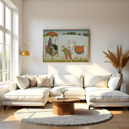 This exquisite painting depicts a regal scene with a noble figure and a caravan led by a horse. The for Living Room