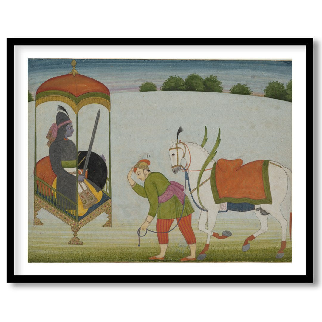 This exquisite painting depicts a regal scene with a noble figure and a caravan led by a horse. The for living-space