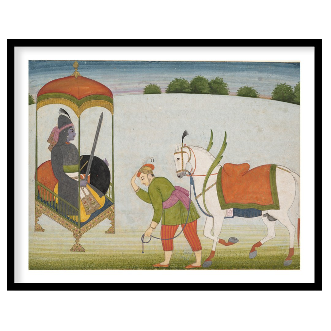 This exquisite painting depicts a regal scene with a noble figure and a caravan led by a horse. The for living-space