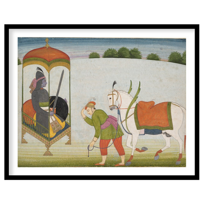 This exquisite painting depicts a regal scene with a noble figure and a caravan led by a horse. The for living-space
