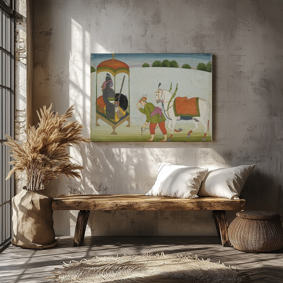 This exquisite painting depicts a regal scene with a noble figure and a caravan led by a horse. The for Veranda