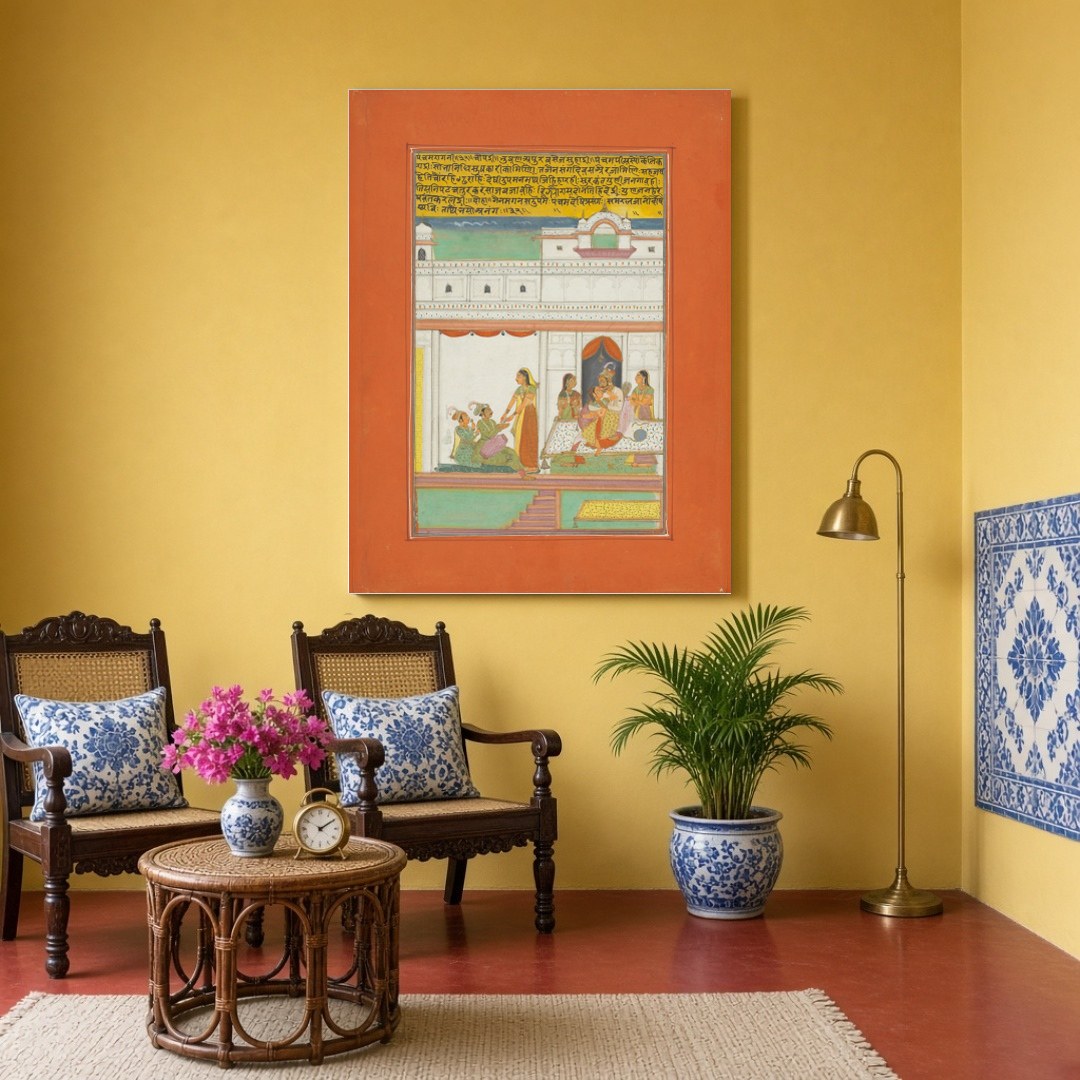 Immerse yourself in the captivating world of Ragamala with this exquisite miniature art print. for Sitting Area