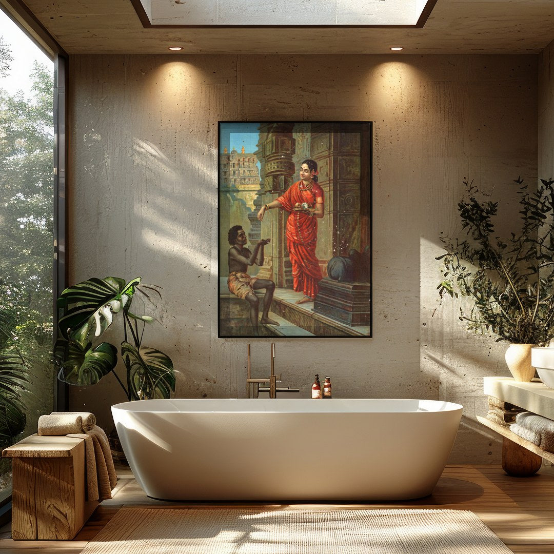 Immerse yourself in this evocative scene depicting a traditional Indian courtyard encounter, where for Bathroom