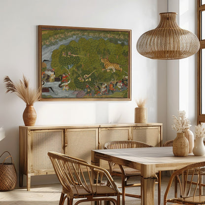 Experience the dynamic energy of a royal hunt scene captured in this vibrant artwork. With for Dining