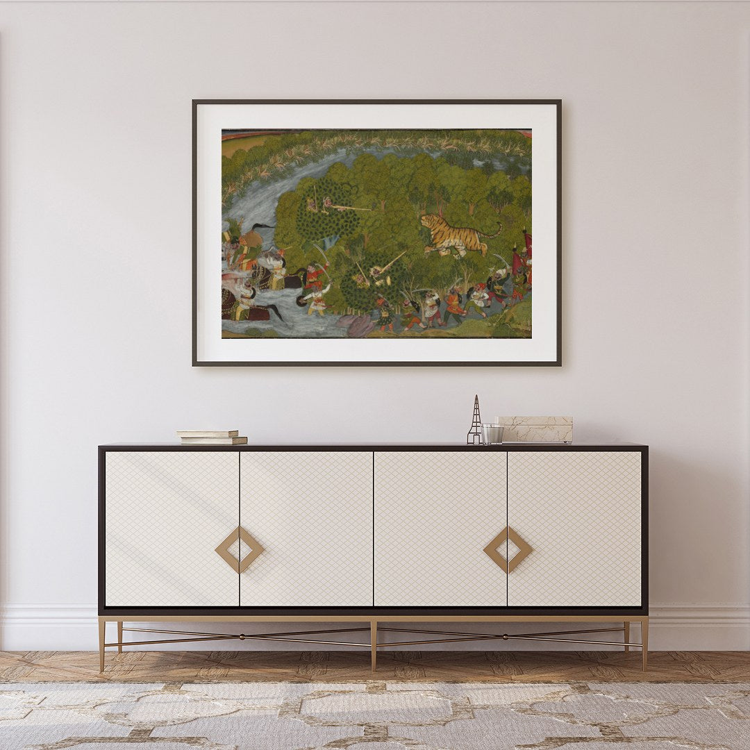 Experience the dynamic energy of a royal hunt scene captured in this vibrant artwork. With for Foyer