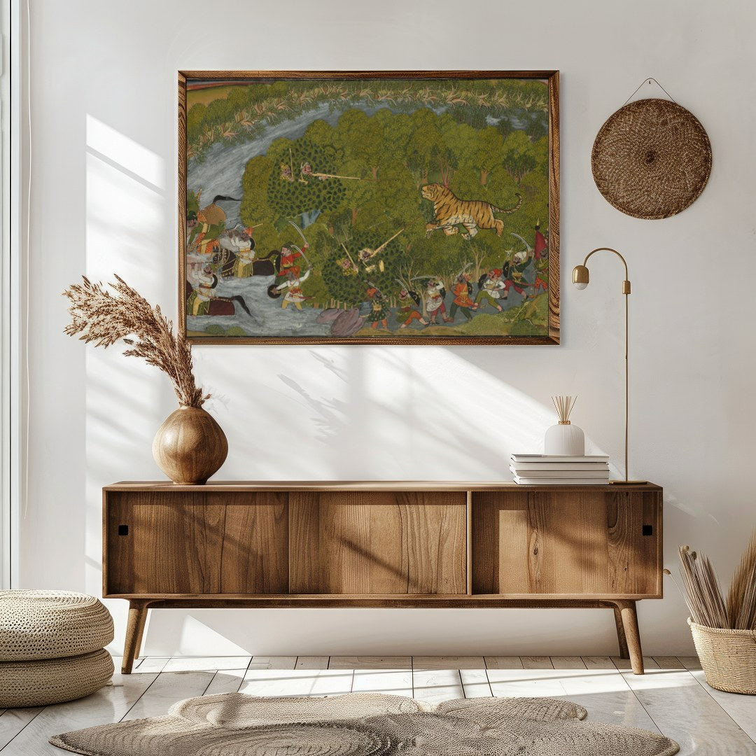 Experience the dynamic energy of a royal hunt scene captured in this vibrant artwork. With for Sitting Area