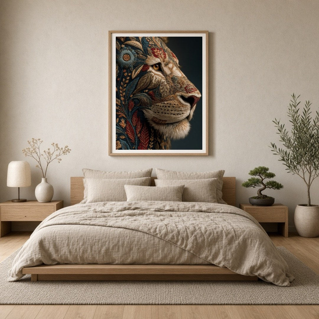 Immerse yourself in the majestic beauty of this intricately designed art print featuring a regal for Bedroom