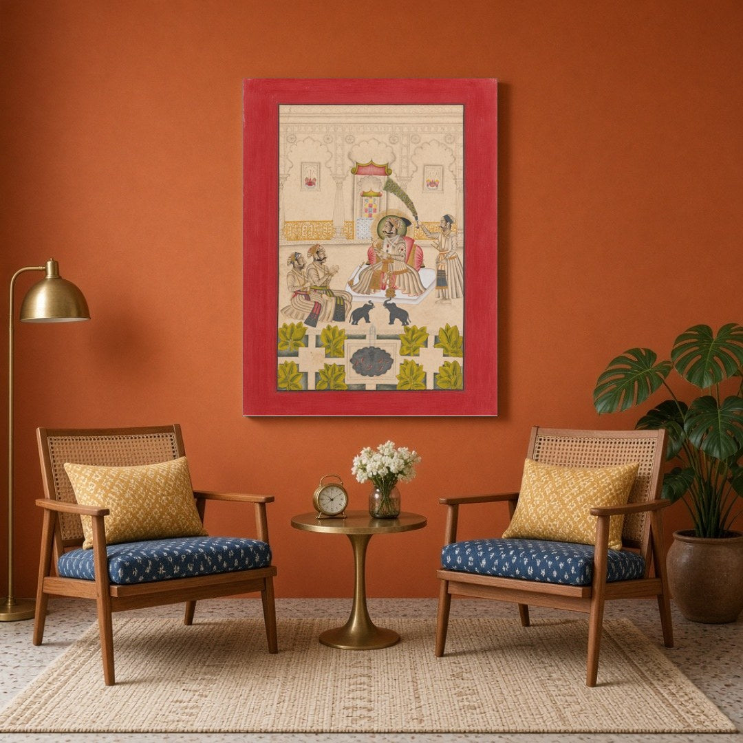 Immerse yourself in the opulent world of Mughal royalty with this exquisite Indian miniature art for Sitting Area