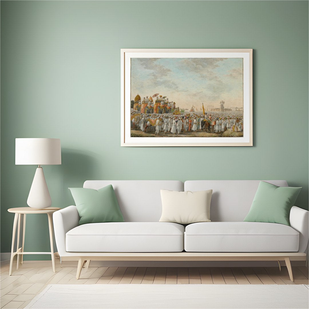 Immerse yourself in the historic grandeur of this captivating scene, depicting a royal procession for Hall