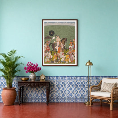 This breathtaking piece captures a regal Rajput king leading a grand procession through verdant for Entrance
