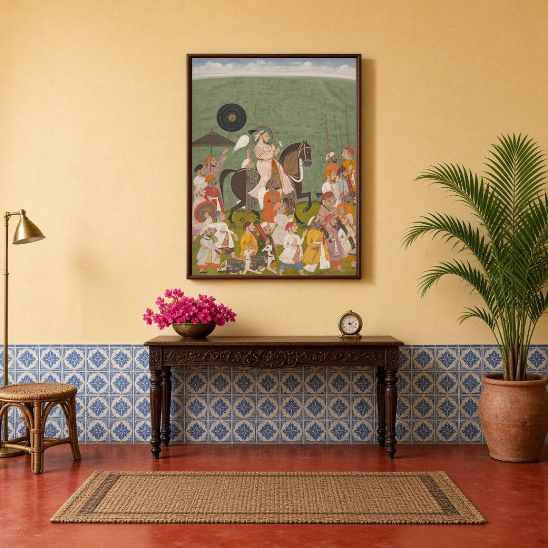 This breathtaking piece captures a regal Rajput king leading a grand procession through verdant for Hallway