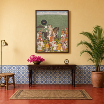 This breathtaking piece captures a regal Rajput king leading a grand procession through verdant for Hallway