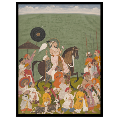 This breathtaking piece captures a regal Rajput king leading a grand procession through verdant for home
