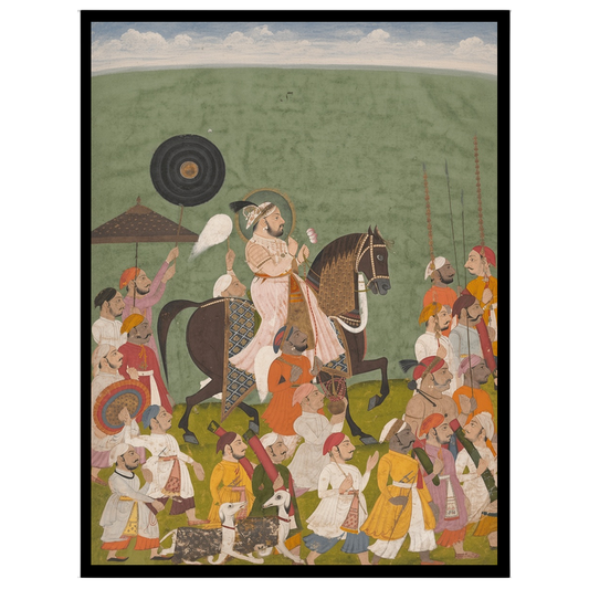 This breathtaking piece captures a regal Rajput king leading a grand procession through verdant for home