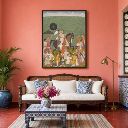 This breathtaking piece captures a regal Rajput king leading a grand procession through verdant for Living Room