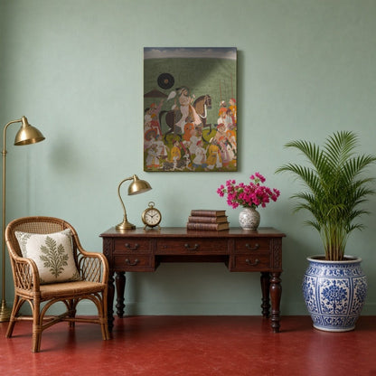 This breathtaking piece captures a regal Rajput king leading a grand procession through verdant for Study