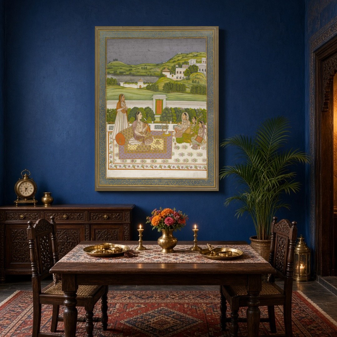 This exquisite artwork captures a serene moment of a Mughal princess basking in the enchanting for Dining