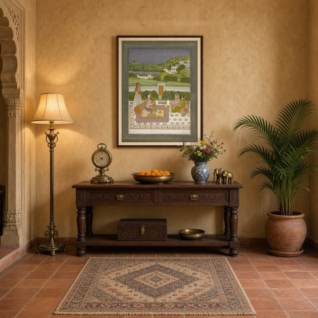 This exquisite artwork captures a serene moment of a Mughal princess basking in the enchanting for Entrance