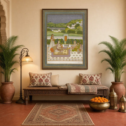 This exquisite artwork captures a serene moment of a Mughal princess basking in the enchanting for Hallway