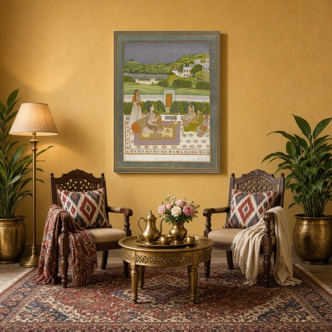 This exquisite artwork captures a serene moment of a Mughal princess basking in the enchanting for Sitting Area