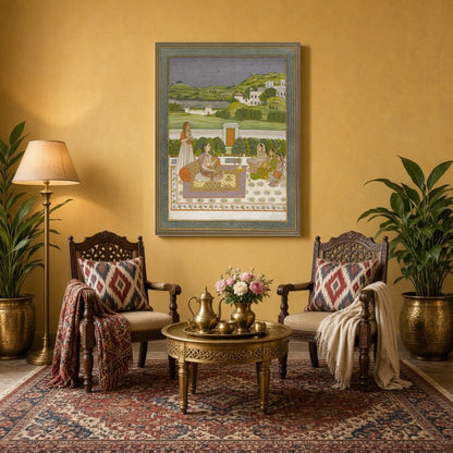 This exquisite artwork captures a serene moment of a Mughal princess basking in the enchanting for Sitting Area
