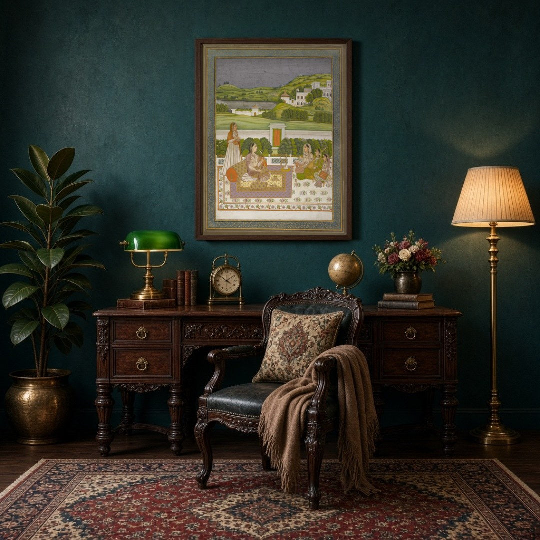 This exquisite artwork captures a serene moment of a Mughal princess basking in the enchanting for Study