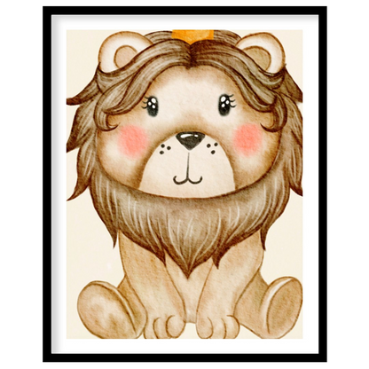 This lovable illustration features an adorable baby lion seated proudly beneath a delicate golden c… for space