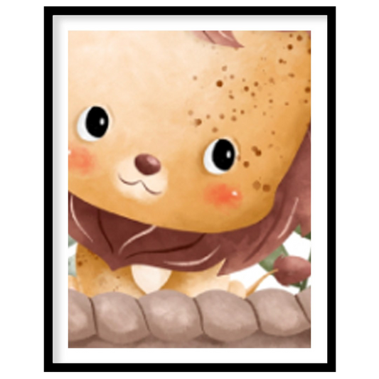 This enchanting illustration features a regal lion cub donning a golden crown, peacefully seated in… for house