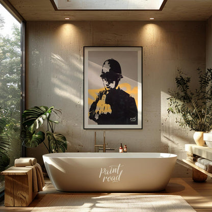 This confrontational art print features Banksy’s “Rude Copper” stencil, depicting a British policem… for bathroom