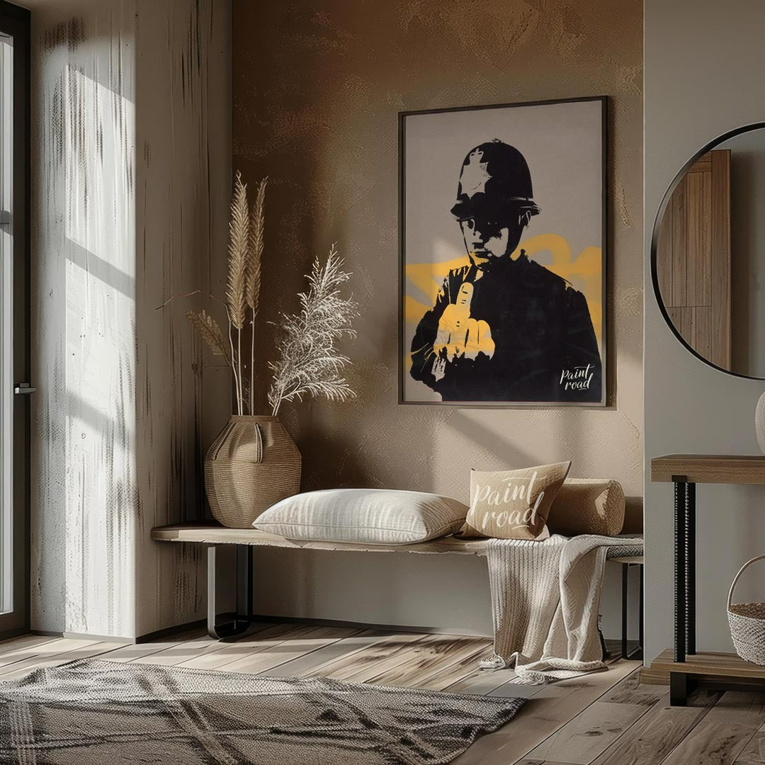 This confrontational art print features Banksy’s “Rude Copper” stencil, depicting a British policem… for entryway