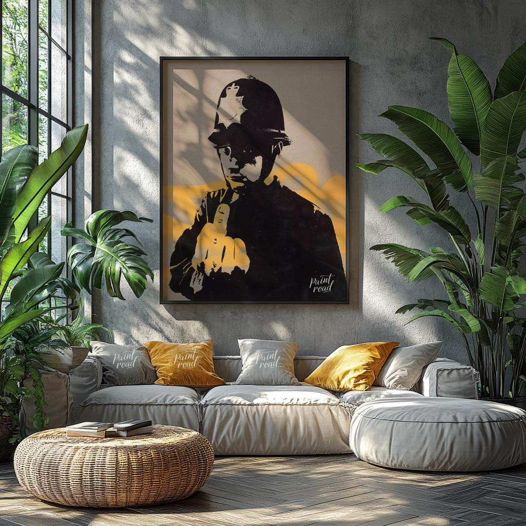 This confrontational art print features Banksy’s “Rude Copper” stencil, depicting a British policem… for living room