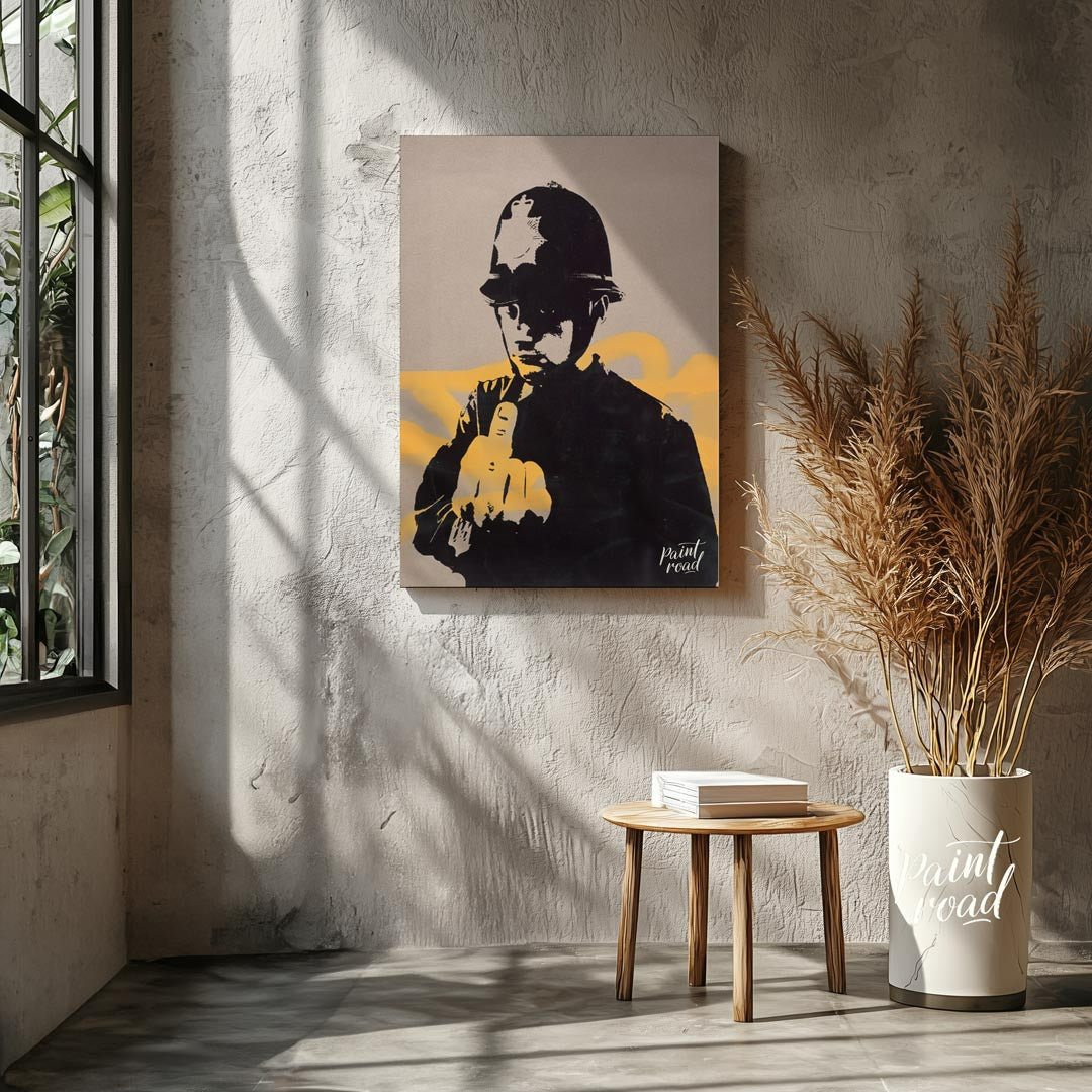 This confrontational art print features Banksy’s “Rude Copper” stencil, depicting a British policem… for living room