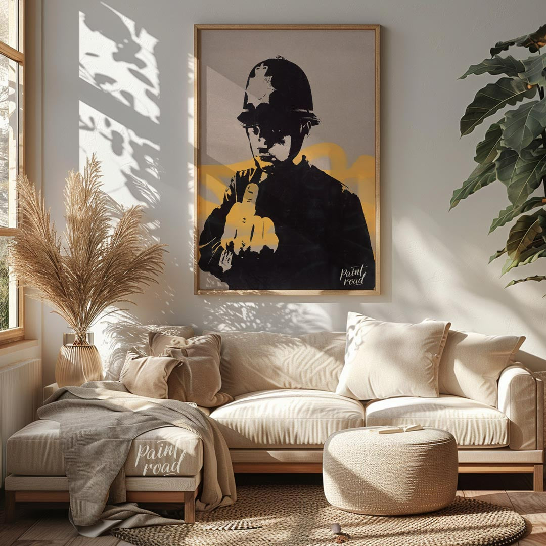 This confrontational art print features Banksy’s “Rude Copper” stencil, depicting a British policem… for living room
