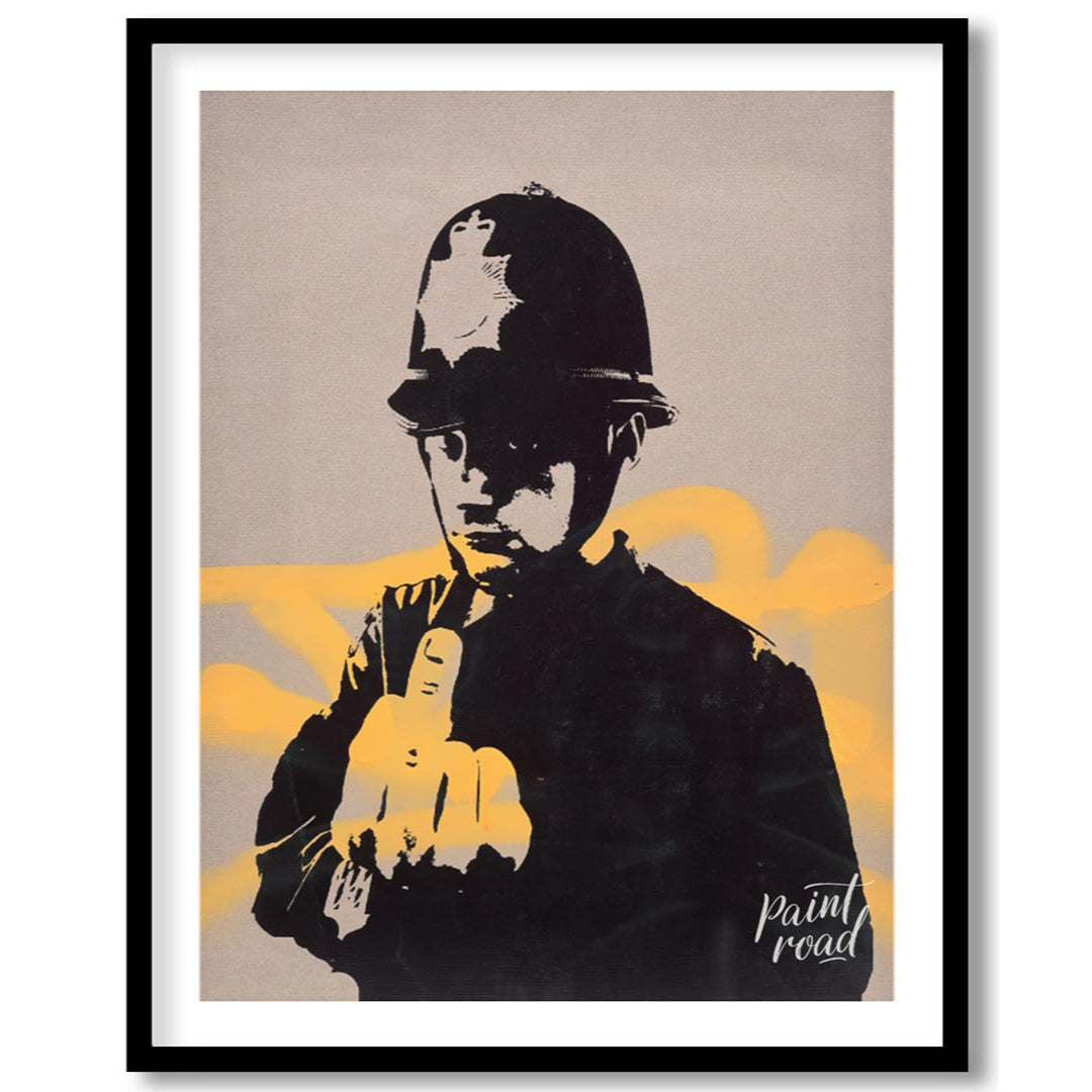 This confrontational art print features Banksy’s “Rude Copper” stencil, depicting a British policem… for place