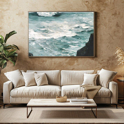 Captivate your space with a breathtaking portrayal of the ocean's raw power. This artwork captures for Family Room