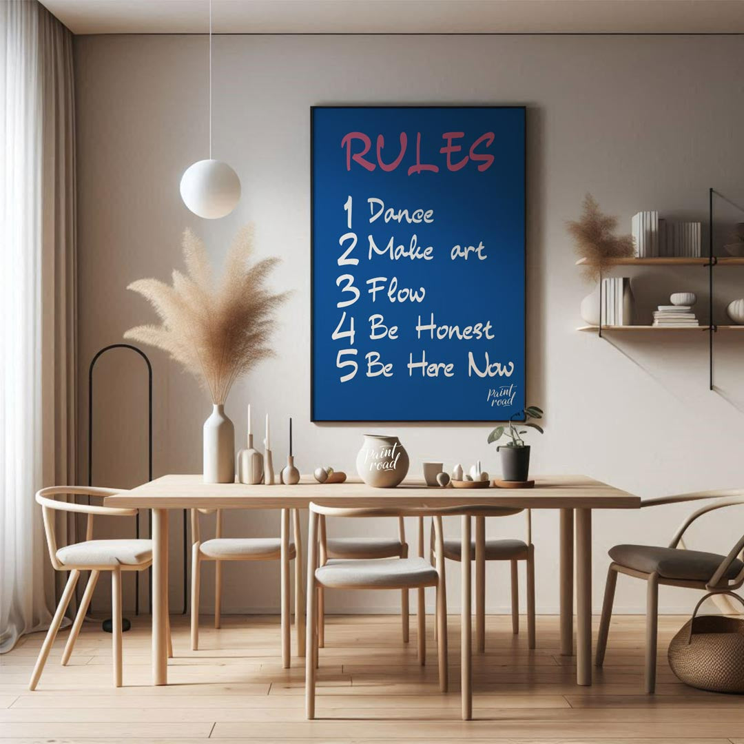 This bold and straightforward art print presents a series of empowering “RULES” designed to inspire… for dining room