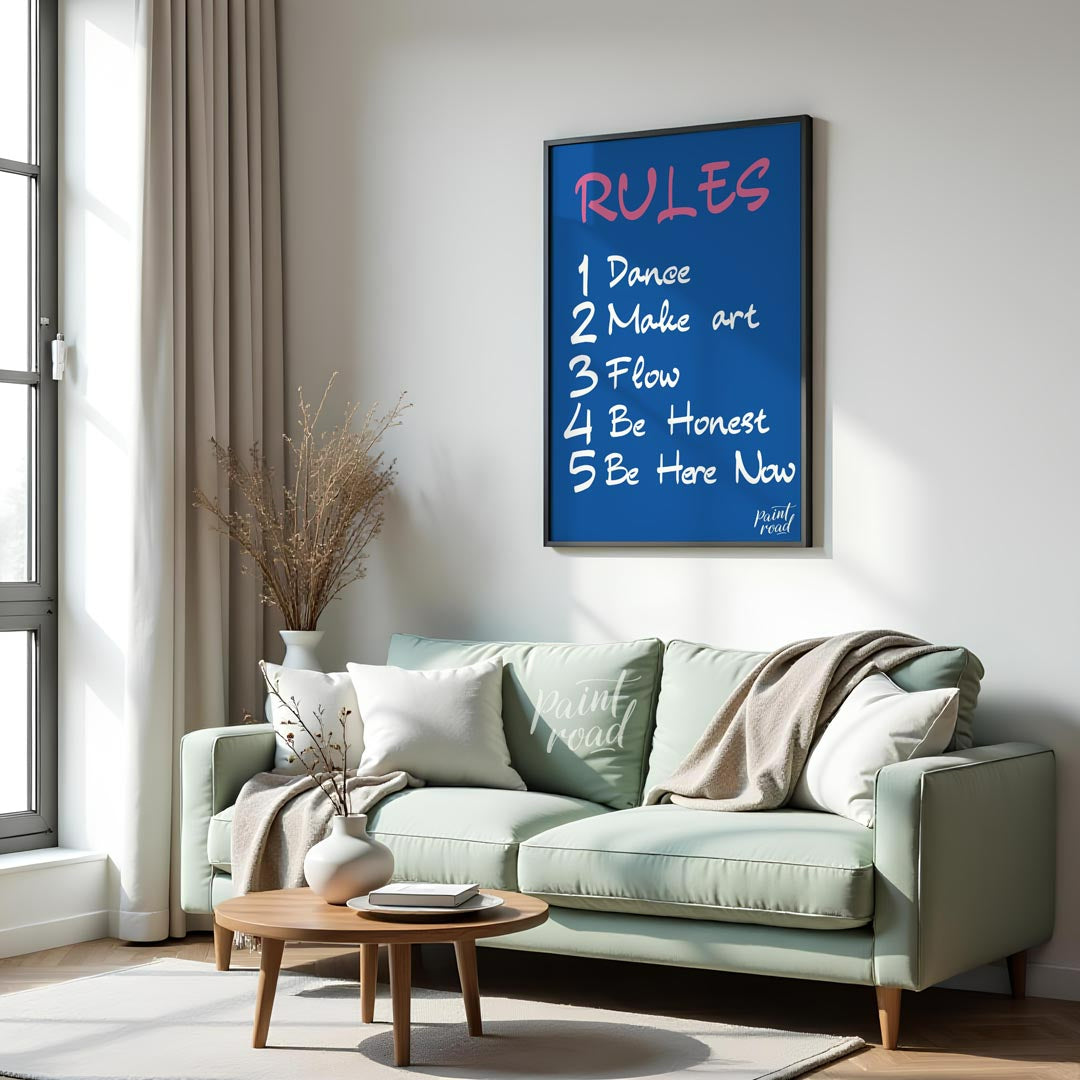 This bold and straightforward art print presents a series of empowering “RULES” designed to inspire… for living room
