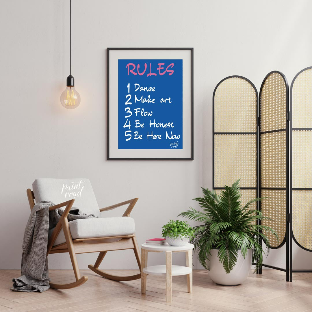 This bold and straightforward art print presents a series of empowering “RULES” designed to inspire… for living room