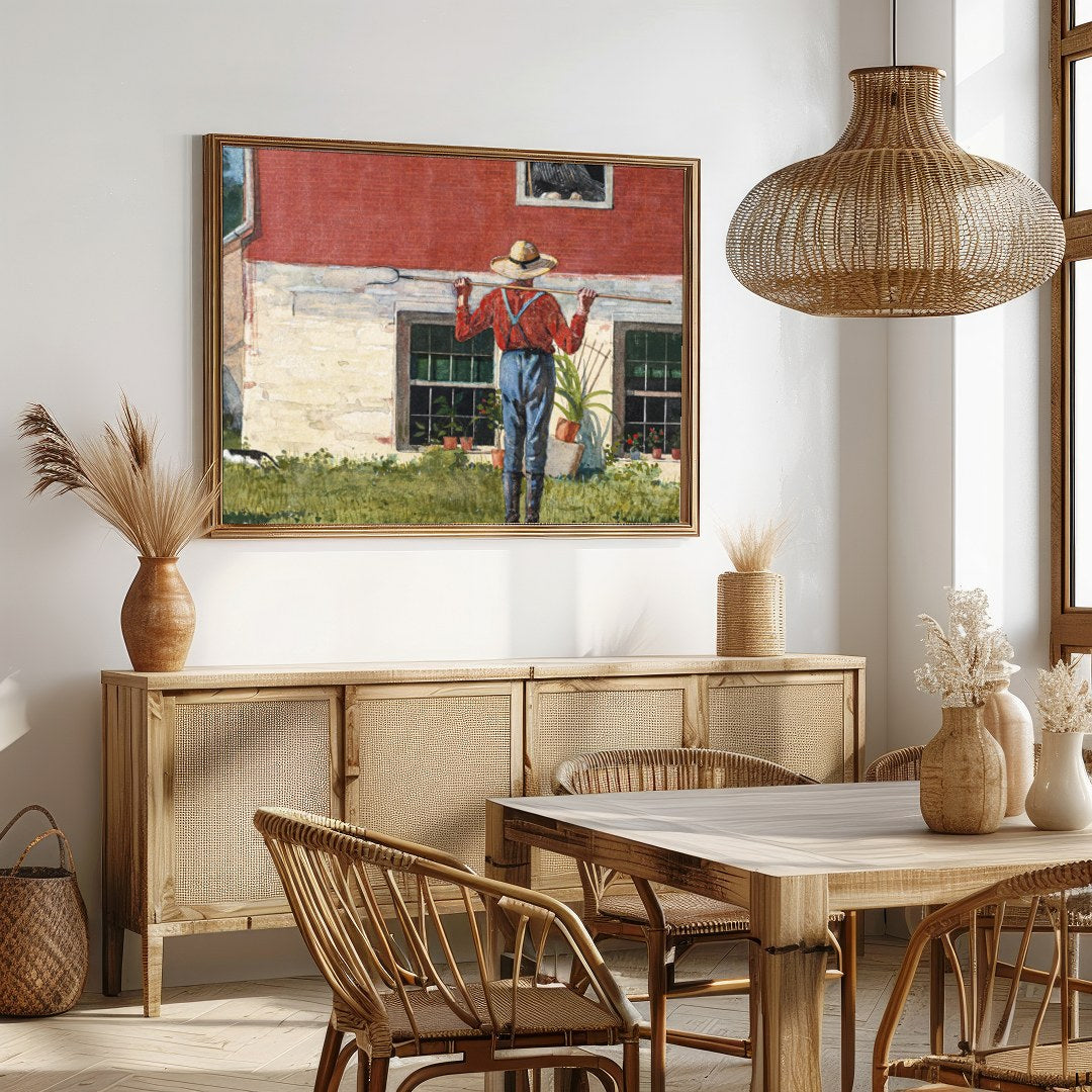 Capture the essence of countryside charm with this serene wall art depicting a farmer tending to for Dining