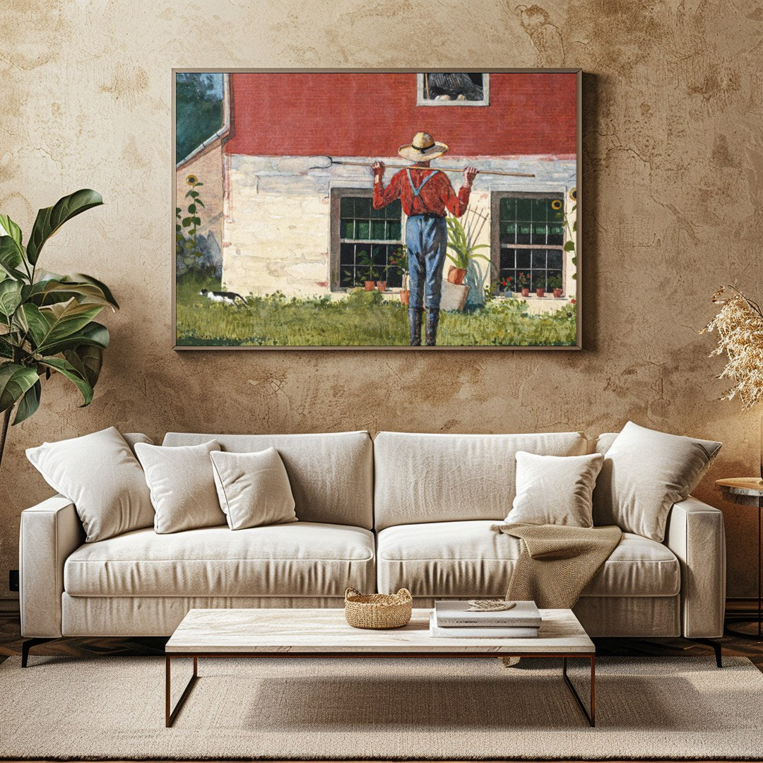 Capture the essence of countryside charm with this serene wall art depicting a farmer tending to for Family Room