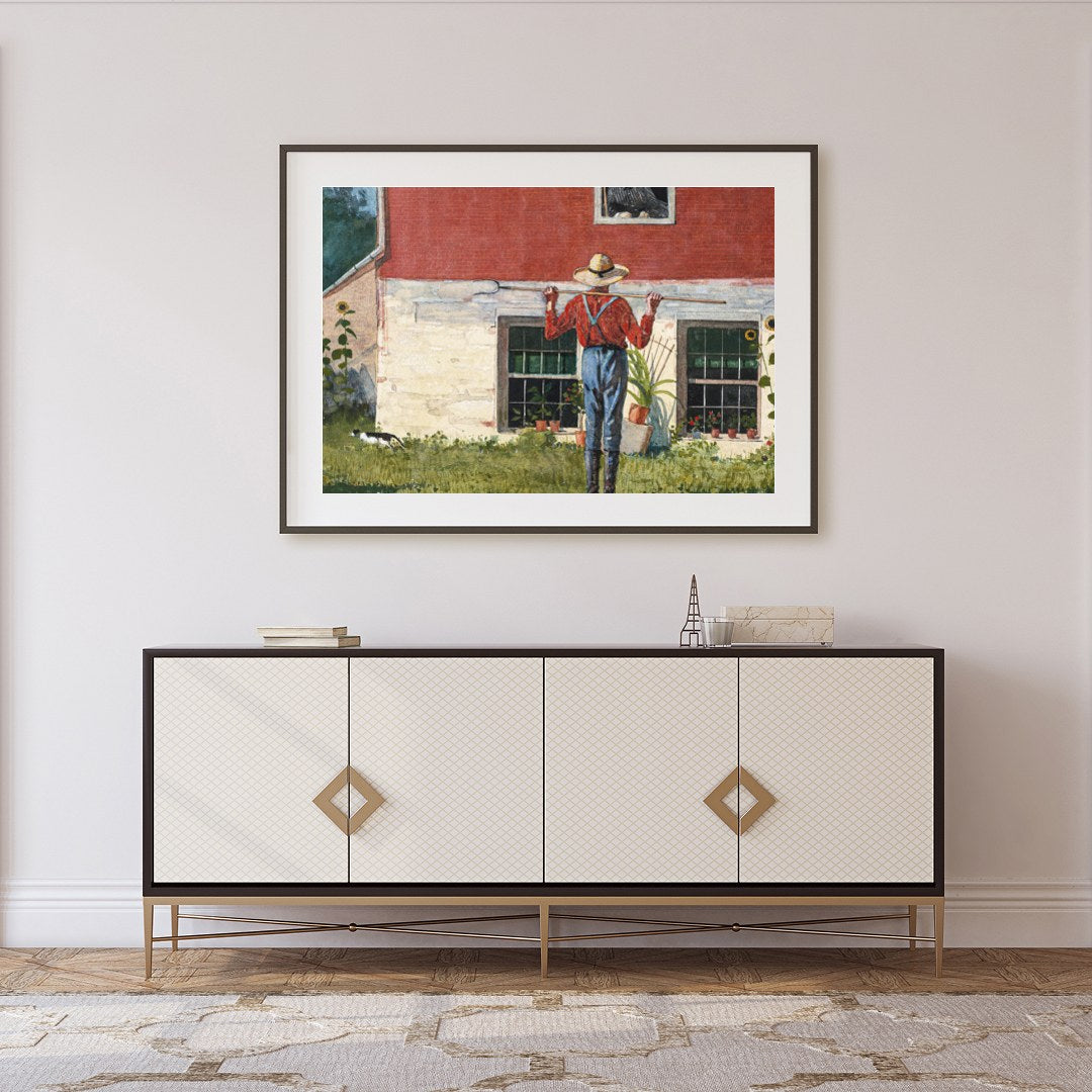 Capture the essence of countryside charm with this serene wall art depicting a farmer tending to for Foyer