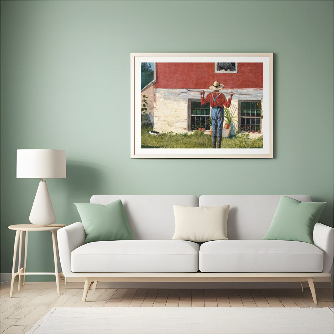 Capture the essence of countryside charm with this serene wall art depicting a farmer tending to for Hall
