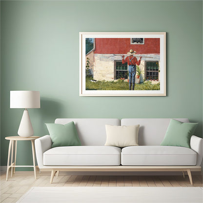 Capture the essence of countryside charm with this serene wall art depicting a farmer tending to for Hall