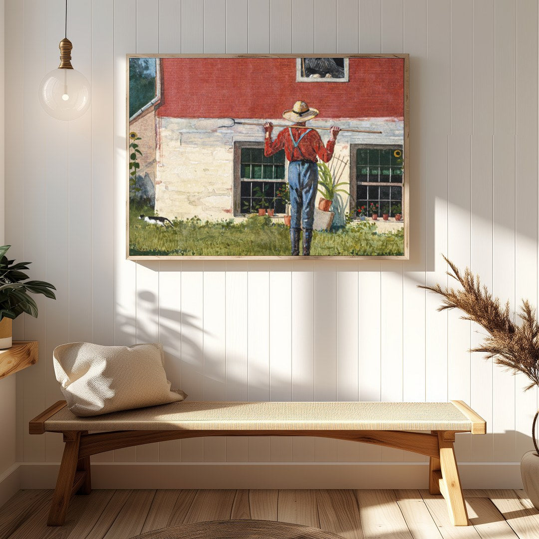 Capture the essence of countryside charm with this serene wall art depicting a farmer tending to for Hallway