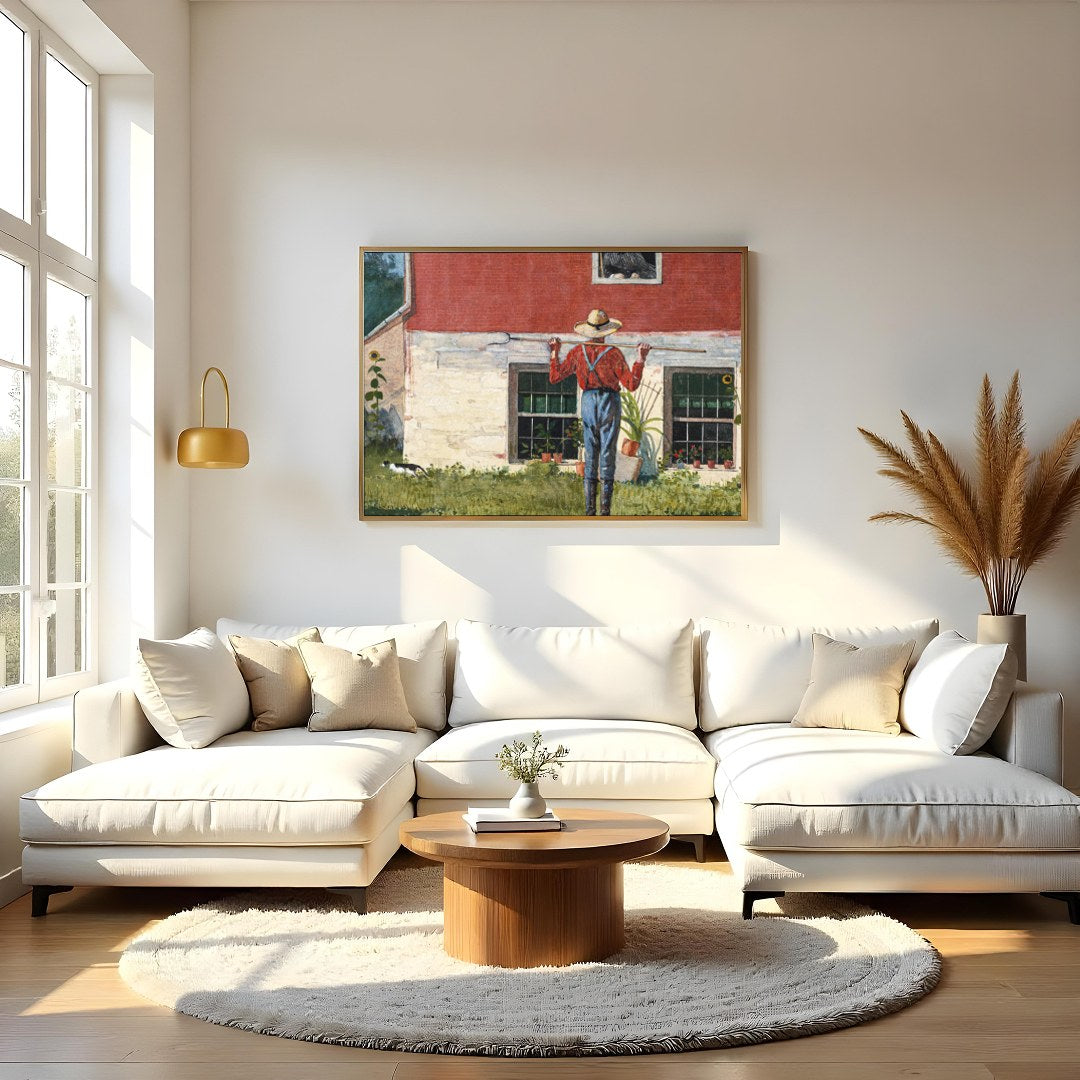 Capture the essence of countryside charm with this serene wall art depicting a farmer tending to for Living Room