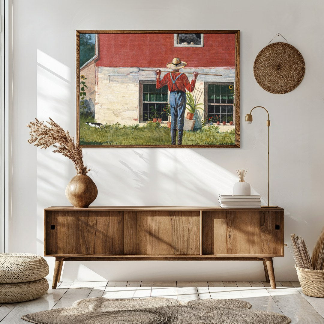 Capture the essence of countryside charm with this serene wall art depicting a farmer tending to for Sitting Area