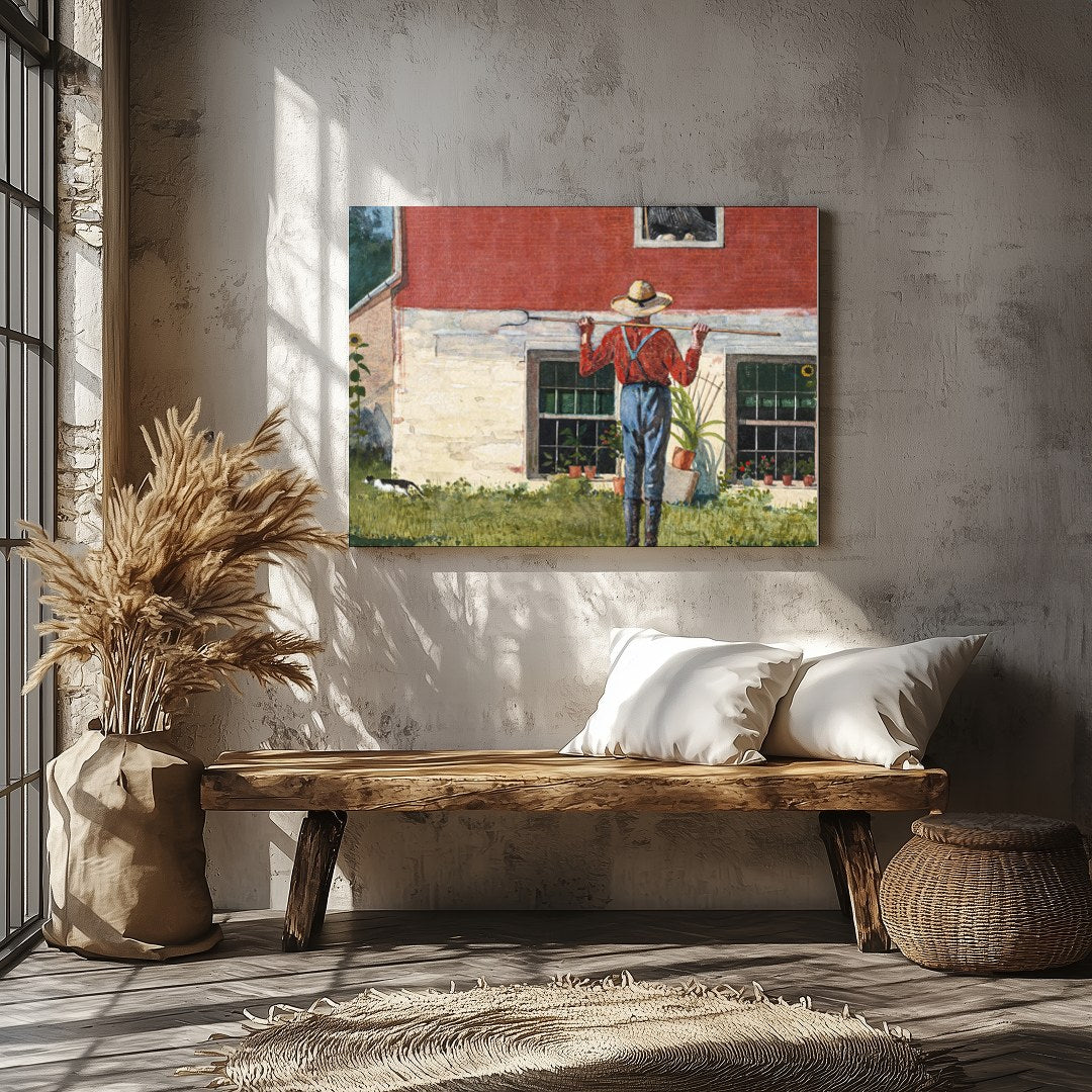 Capture the essence of countryside charm with this serene wall art depicting a farmer tending to for Veranda