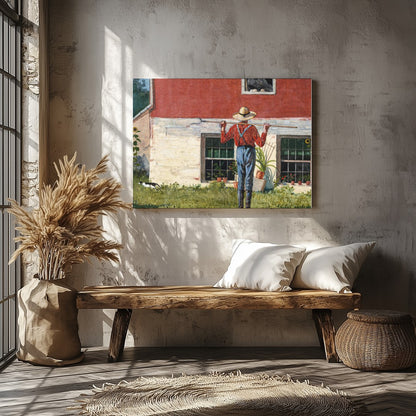 Capture the essence of countryside charm with this serene wall art depicting a farmer tending to for Veranda